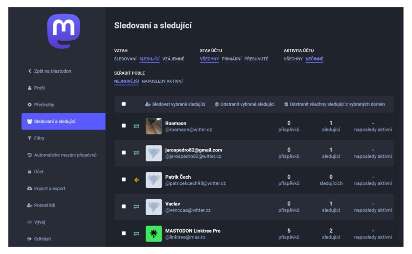 TIP#2349: Jak si na Mastodonu dělat pořádek v sledujících a sledovaných?